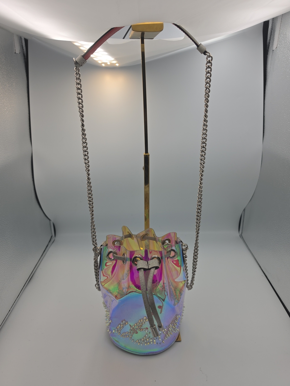 Christian Louboutin Irredesent W Silver Small Chain Bucket Crossbody (FAIR)COA🩶